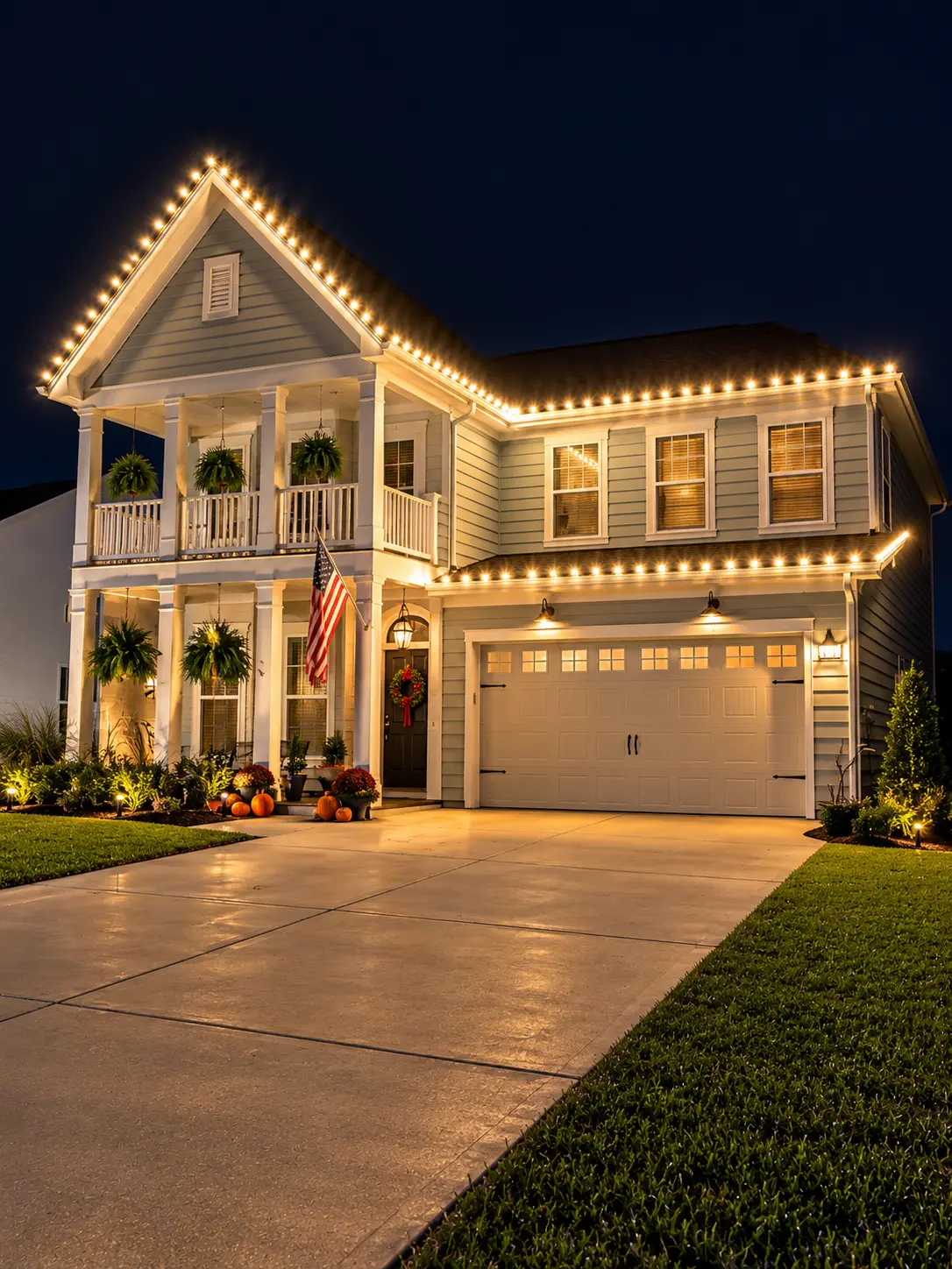 Light blue home featuring warm-white roofline and railing lights, an American flag, wreaths, and pumpkins.