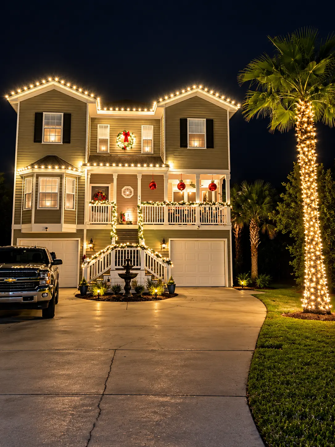 Green home with warm-white roofline lights, red porch ornaments, and a single tall wrapped palm tree at night.