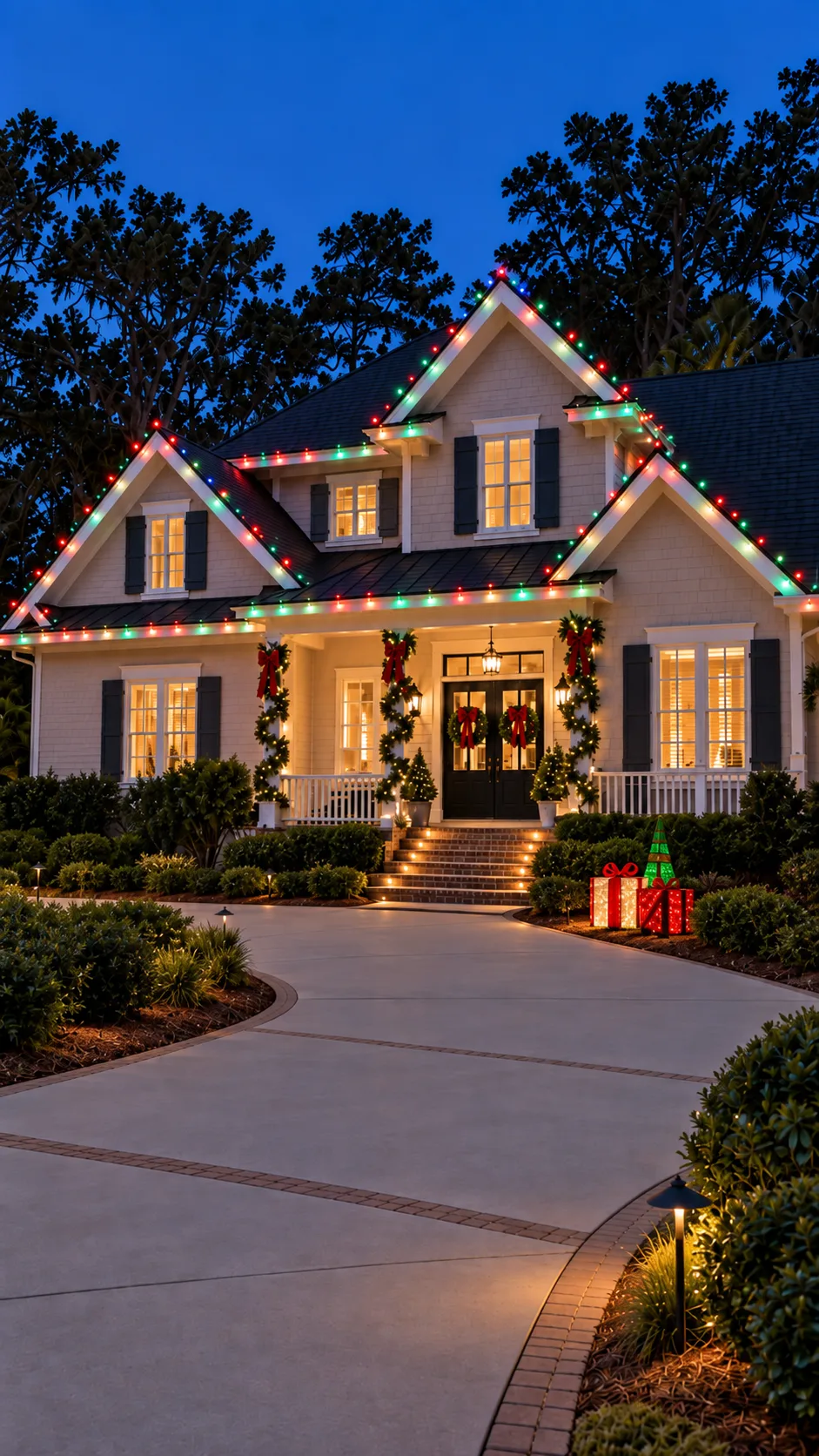 White home outlined with multicolor Christmas lights, decorated entry columns, and illuminated gift boxes.