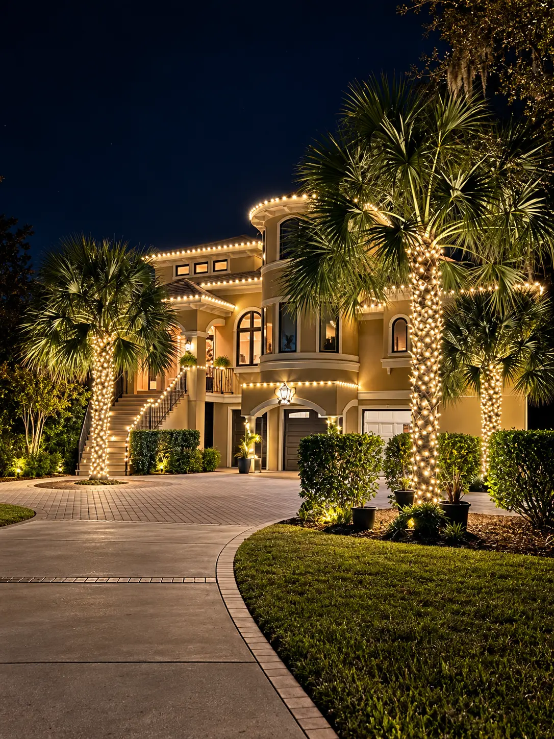 Warm-white lights tracing rooflines and three large wrapped palm trees in front of a stucco home at night.