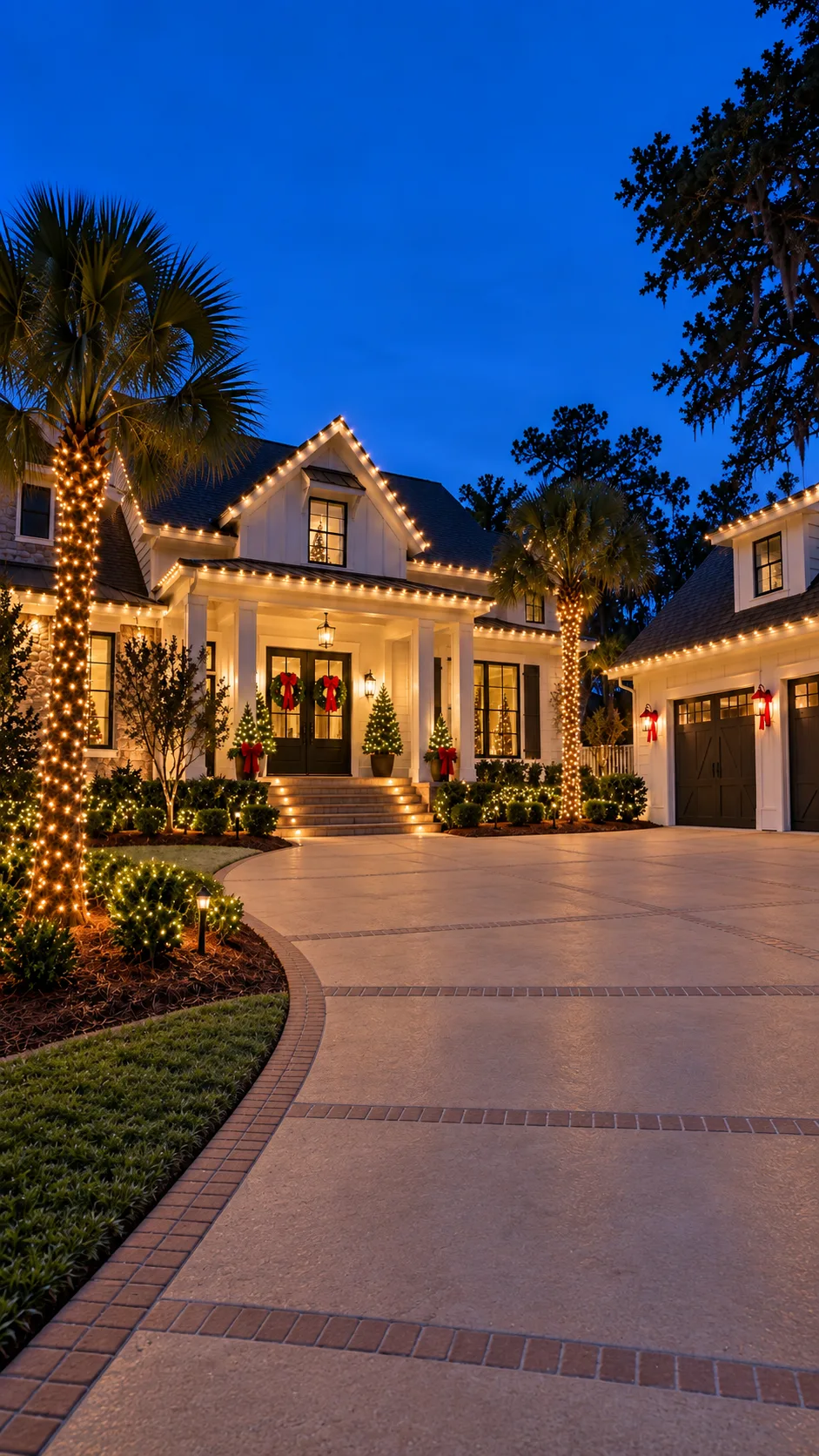 White Lowcountry home and palm trees wrapped in warm-white Christmas lights at dusk.